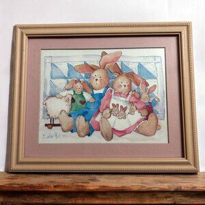 Vintage Bunny Rabbit Family Patchwork  Framed Art by Artist, Barbara Mock
